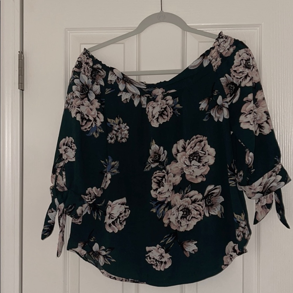 Never worn off the shoulder dark green floral top